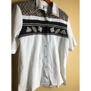 Koret Petites Black & White Mixed Print Embroidered Button Front Top Vtg. 90s -